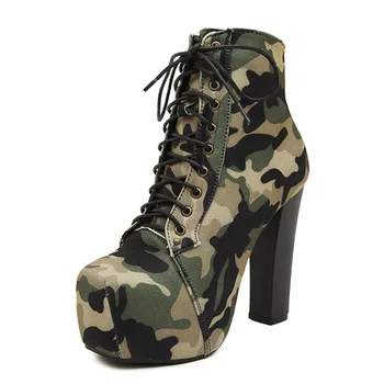 LOSLANDIFEN New Fashion Shoes Women Camouflage Platform Motorcycle Boots High Heels Sexy Women Boots Lace-Up Pumps