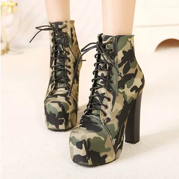 LOSLANDIFEN New Fashion Shoes Women Camouflage Platform Motorcycle Boots High Heels Sexy Women Boots Lace-Up Pumps