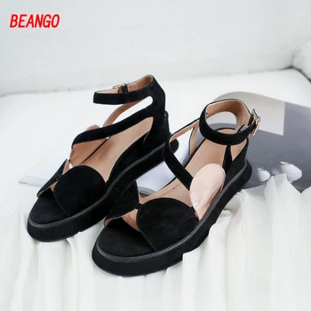 BEANGO Women Shoes Wedge Sheep Suede Two Pieces High Heels Sandals Shoes Ankle Straps Solid Concise Increased Platform Sandals
