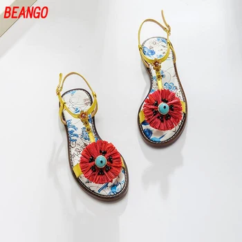 BEANGO Ethnic Style Woman Sandals Casual Buckle Strap Beach Cover Women Flats Sweet Flower Crystal Bohemia Women Shoes