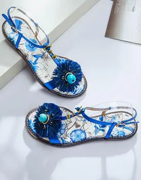 BEANGO Ethnic Style Woman Sandals Casual Buckle Strap Beach Cover Women Flats Sweet Flower Crystal Bohemia Women Shoes