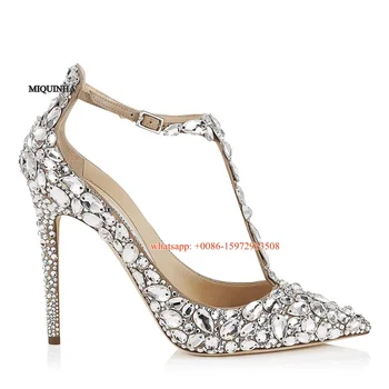 New design seling bling bling wedding shoes silver crystal pointed toe pumps stiletto heel T-bar beaded bridal pumps