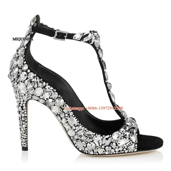 New design seling bling bling wedding shoes silver crystal pointed toe pumps stiletto heel T-bar beaded bridal pumps