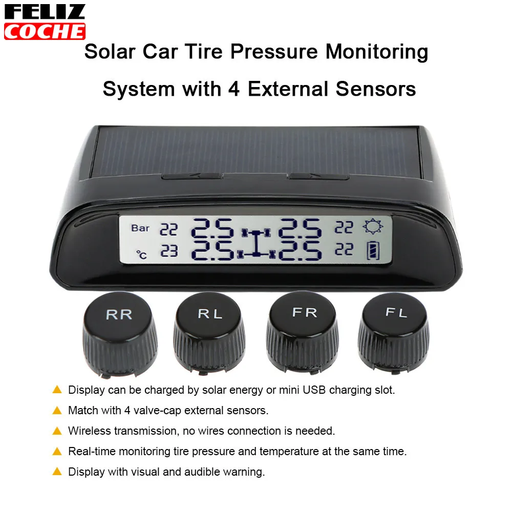 TW401 new arrive portable solar power Wireless tire pressure monitoring system monitor with 4 external sensors For All Car A7027