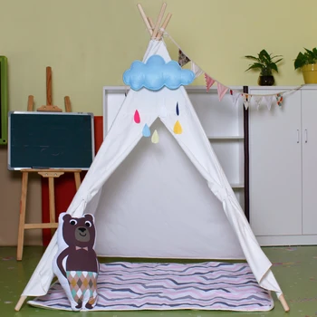Four Poles Kids Play Tent Cotton Canvas Teepee Children Toy Tent White Pink Blue Playhouse for Baby Room Tipi