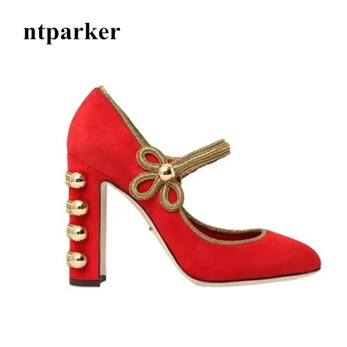 Women Red Suede Pumps Mary Janes Chunky High Heels Wedding Shoes Woman Buckle Dress Zapatos Mujer Pointed Toe Chaussure Femmes