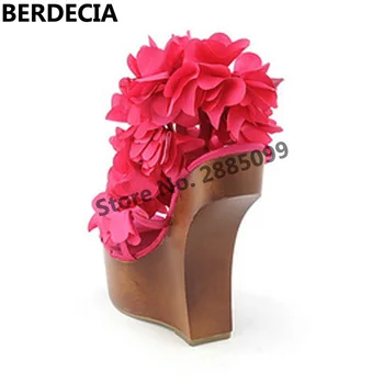 Summer Sexy Women Sandals Satin Flowers Hoof High Heels Sandals Female Hollow Outs Party Nightclub Gladiator Sandals