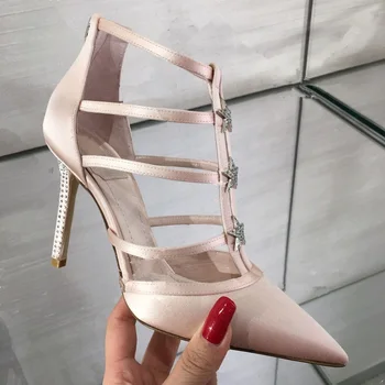 Spring/Autumn Fashion Trend Collection Stain Glitter Stars Embellished T-Strap Women Pumps Pointed Toe Caged Straps Shoes Woman