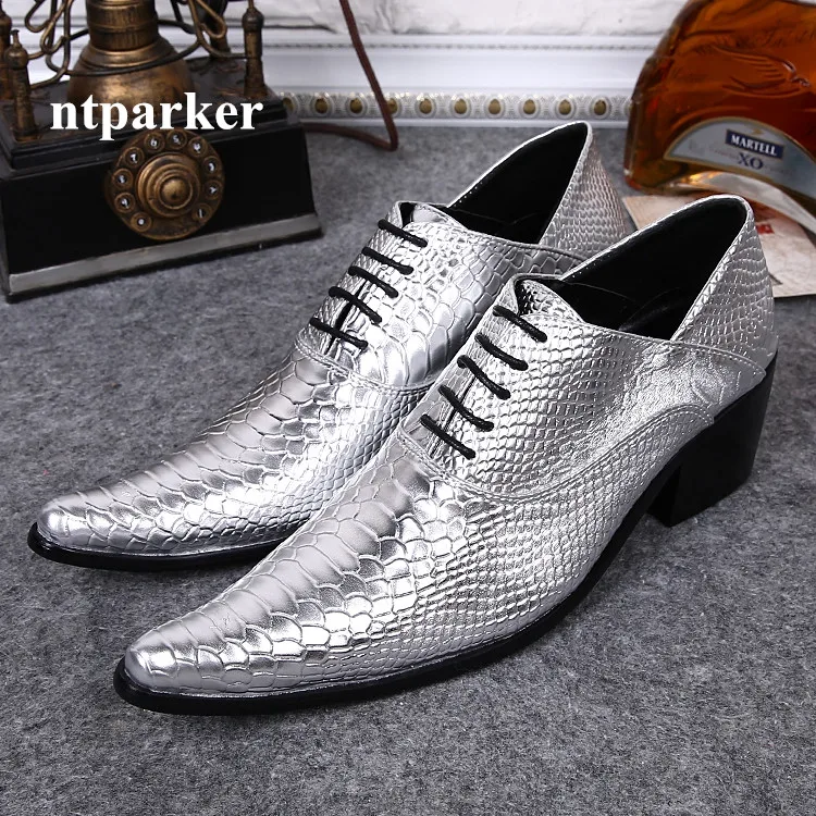 Silver Leather Men Formal Business Dress Shoes Pointed Toe Sapatos Masculino Lace Up Zapatillas Size 46 Vestidos Huarache Scarpe