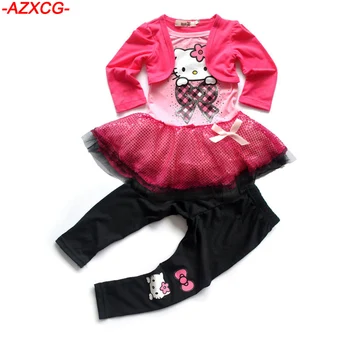 Girls Dresses And Pant Sets Children Lovely Kitty Suit 2Pcs Fake Two Cat Dress + Long Sleeve Cartoon Pant Girls Clothing Sets