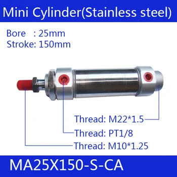 MA25X150-S-CA, Pneumatic Stainless Air Cylinder 25MM Bore 150MM Stroke , 25*150 Double Action Mini Round Cylinders