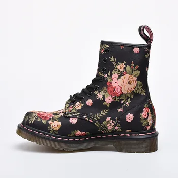 Martin boots boots with soft cow muscle bottom canvas flower printing round toe stitching with welf