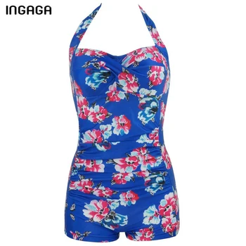 INGAGA One Piece Swimsuit Swimwear Women New 2017 Halter Straight Vintage Swim Wear Padded Floral Bathing Suits