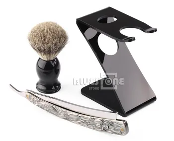 Shaving Brush Stainless Steel Barber Razor Folding Straight Knife Z Stand Brush Holder 3in1 Set