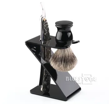 Shaving Brush Stainless Steel Barber Razor Folding Straight Knife Z Stand Brush Holder 3in1 Set