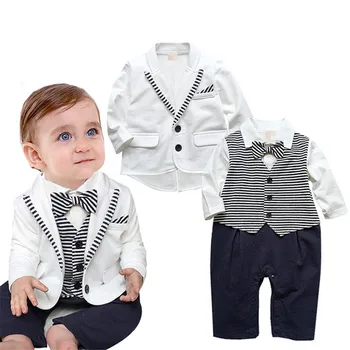 2016 new children's clothing in Europe and America the wind boy gentleman bow tie stripe long sleeve one-piece baby dress + coat