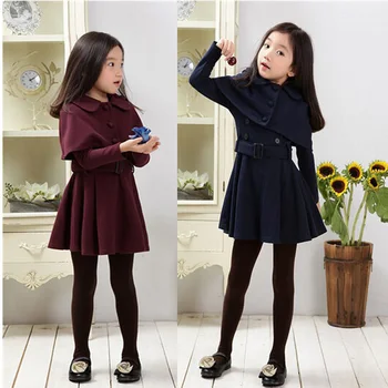 New European and American autumn winter buckle style children's girls clothes dresses kids solid color clothing for baby girls