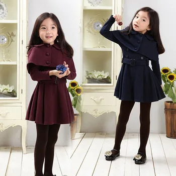 New European and American autumn winter buckle style children's girls clothes dresses kids solid color clothing for baby girls