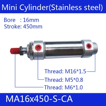 Pneumatic Stainless Air Cylinder 16MM Bore 450MM Stroke , MA16X450-S-CA, 16*450 Double Action Mini Round Cylinders