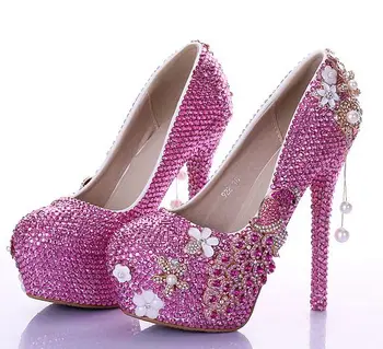 Super high heels pink crystal pumps shoes for woman hand made bespoke pearls ladies party wedding shoes pink TG800
