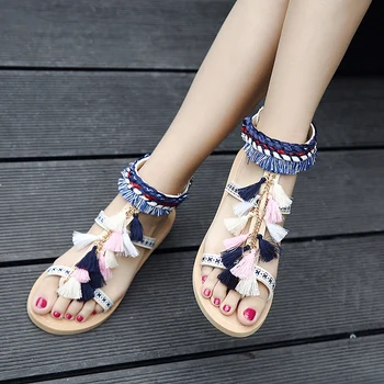 New Nation style Ladies Sexy Open Toe Flat Sandals Fashion Mixed Colors Female Comfortable Retro Sweet Tassel Beach Party Shoes