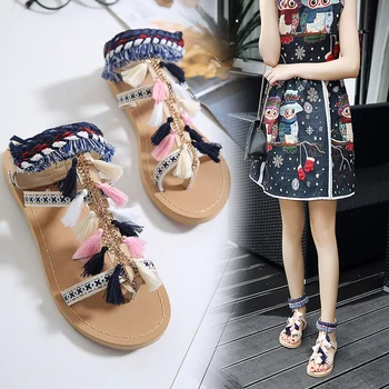 New Nation style Ladies Sexy Open Toe Flat Sandals Fashion Mixed Colors Female Comfortable Retro Sweet Tassel Beach Party Shoes