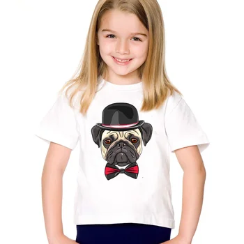 18M-10T Gentleman Pug Print T shirt For Boys/girls Summer Cartoon Dog t-shirt for Children Baby Girls Clothing TA247