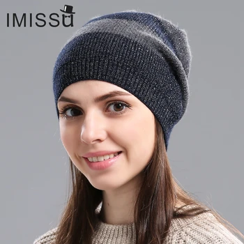 IMISSU Autumn Women's Hats Beanie Knitted Real Wool Skullies Casual Cap Gorros Bonnet Femme Casquette Hat for Girls