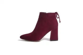 MEMUNIA pointed toe sheepskin leather 3 colors nubuck leather office ankle boots mature winter red wine women boots