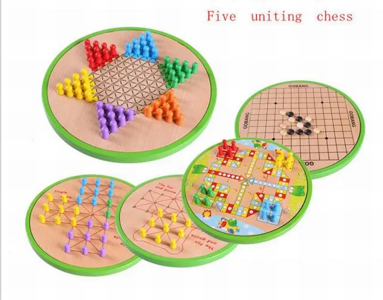 Five-in-One Wood Checker Desktop Early Education Games Deluxe Family Games Interesting Games For Baby Children