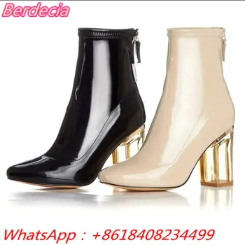 New Fashion Patent Leather High Heels Women Boots Round Toe Crystal Square Heels Riding Equestrian Women Spring Ankle Boots