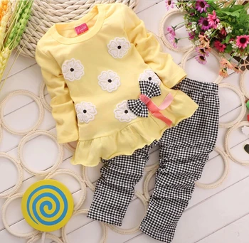 Wholesale -Spring/autumn girl clothes girls flower suit flower dress+glencheck pants 2 pieces cotton 5 color 4s/l
