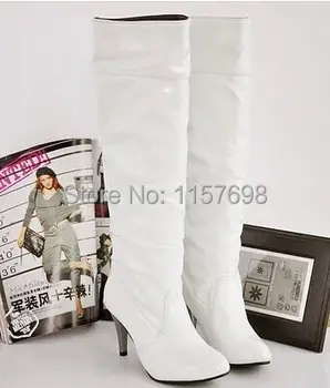 White black japanned leather high-heeled boots shoes women's high-leg ultralarge boots customize plus size 40 - 45