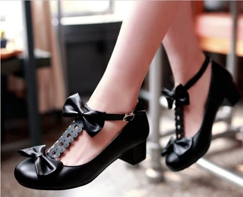 New Womens Sweet Bowtie T-Strap Round Toe Square Heeled Court Party Lady Buckle Strap Pumps Shoes Plus Size 1-12