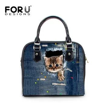 FORUDESIGNS Denim 3D Cat Women Bags Animal Prints Woman Casual Handbags Bolsa Feminina Messenger Bags For Ladies Feminine Tote