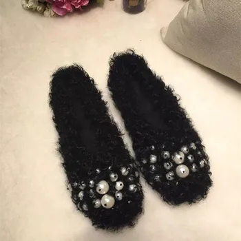 2016 Autumn/Winter Shoes Woman Hairy Shallow Slip On String Bead Flats Cute Chic Cozy Mujer Shoes Lazy Outside Flats Designer