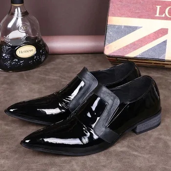 Handmade Genuine Patent leather with black men loafers Fashion party wedding male dress shoes men's pointed toe business shoes