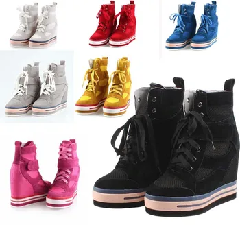 Lace up wedges hidden high heels casual breathable mesh high top boots high platform height increasing ladies shoes