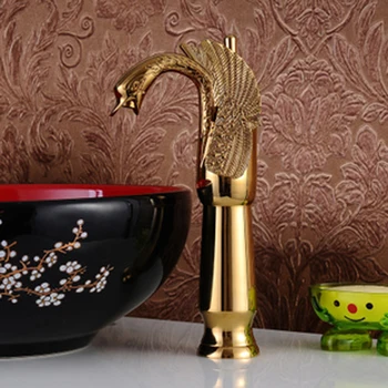 Beautiful swan shaped hot and cold water basin faucet deck mounted bathroom gold brass sink mixer tap LH-8145