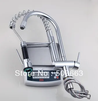 New Double Handles Free Chrome Brass Water Kitchen Faucet Swivel Spout Pull Out Vessel Sink Single Handle Mixer Tap MF-279