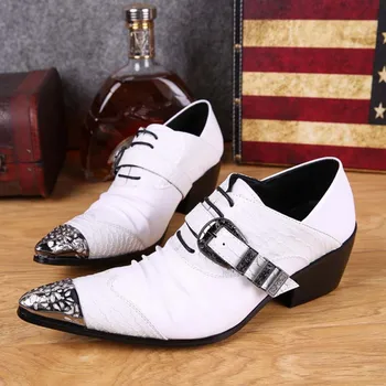 White genuine leather shoes with fashion buckle handmade men oxfords wedding party dress shoes men's high heels pointed toe shoe