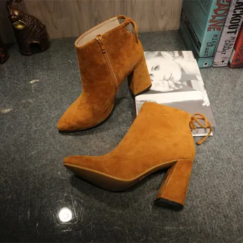 2016 Autumn/Winter Shoes Woman Leather Upper Side Zipper Ankle Boots Butterfly-Knot Mujer Chunky High Heels Booties Superstar