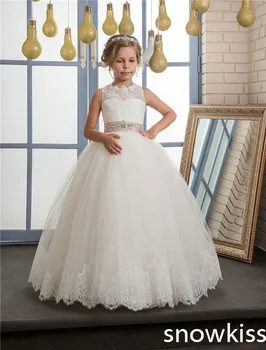 2017 white/ivory first communion dress for little girl with beaded lace appliques open back tulle flower girl dress with bow