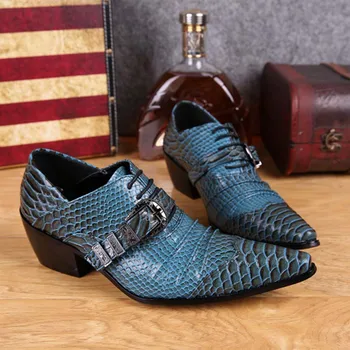 Blue Men Oxfords British Style Genuine Leather Shoe Pointed Toe Buckle Snake Print Lace-Up Business Male High Heels