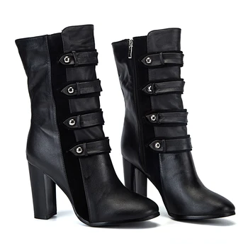 Hot Selling Fashion Black Leather Pumps High Heels Women Rivet Buckle Designer Ankle High Heels Shoes For Female