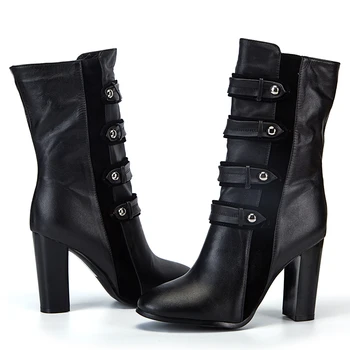 Hot Selling Fashion Black Leather Pumps High Heels Women Rivet Buckle Designer Ankle High Heels Shoes For Female