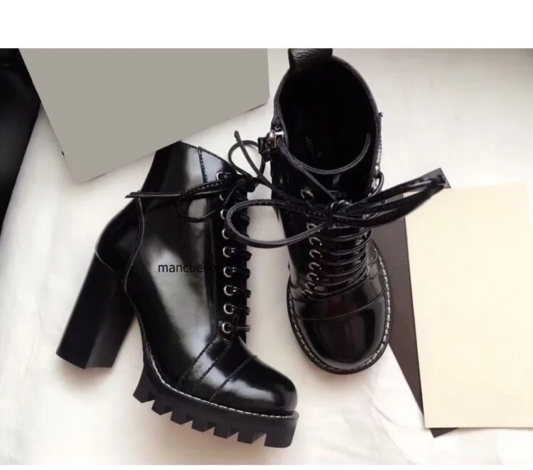 Chic Black PU Leather Block High Heels Platform Short Boots Fashion Women Round Toe Chunky Heel Lace Up Ankle Boots Hot Selling