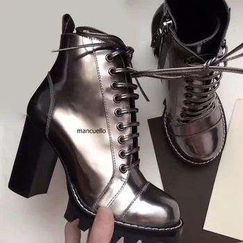 Chic Black PU Leather Block High Heels Platform Short Boots Fashion Women Round Toe Chunky Heel Lace Up Ankle Boots Hot Selling
