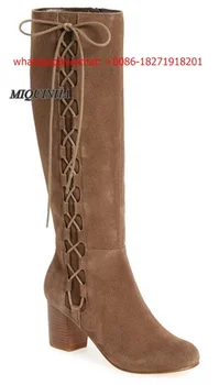 Good-looking brown lace up women long boots round toe chunky high heel cross strappy shoes butterfly tie inner zipper boots