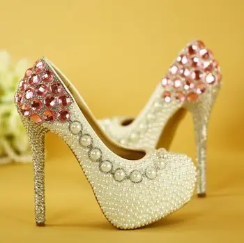 White pearls wedding shoes for women platforms round toe thin high 14cm heels rhinestones beading bridal shoes TG430